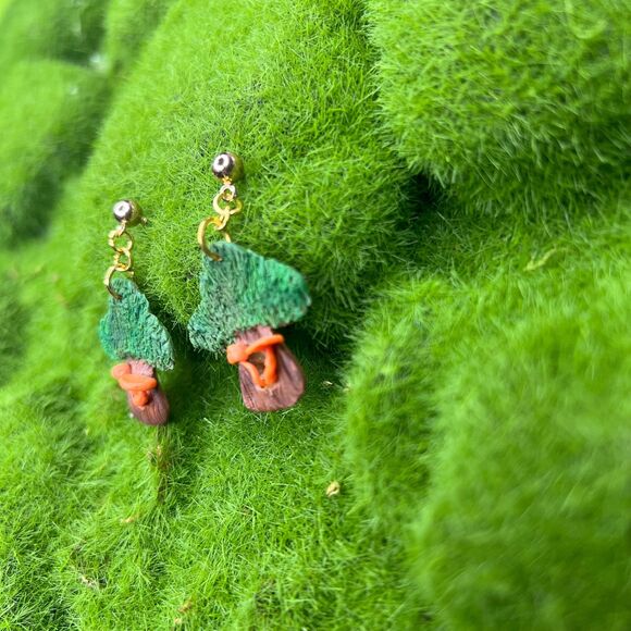 Mushroom Tree Polymer Clay Hypoallergenic Silver Tone Handmade Dangle Earrings - Picture 5 of 10